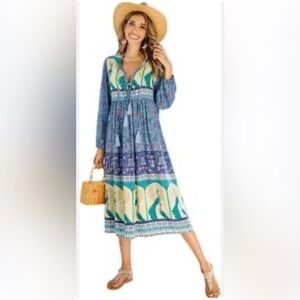 R.Y Iposha Women's Long Sleeve Floral Print Retro V Neck Tassel Bohemian Size 2